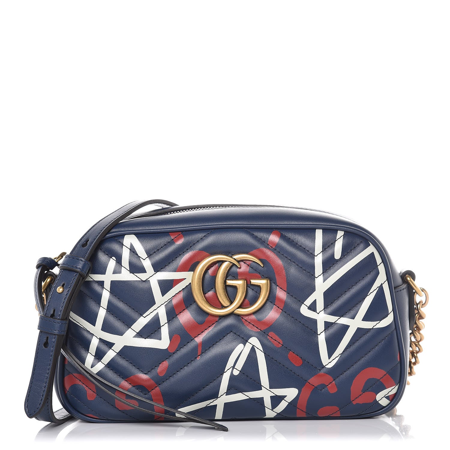 Gucci Calfskin Matelasse GucciGhost Small GG Marmont Chain Shoulder Bag Blue Agata Hibiscus Red 1 of 11