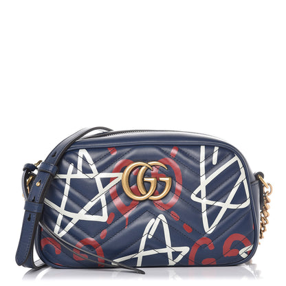 Gucci Calfskin Matelasse GucciGhost Small GG Marmont Chain Shoulder Bag Blue Agata Hibiscus Red 1 of 11