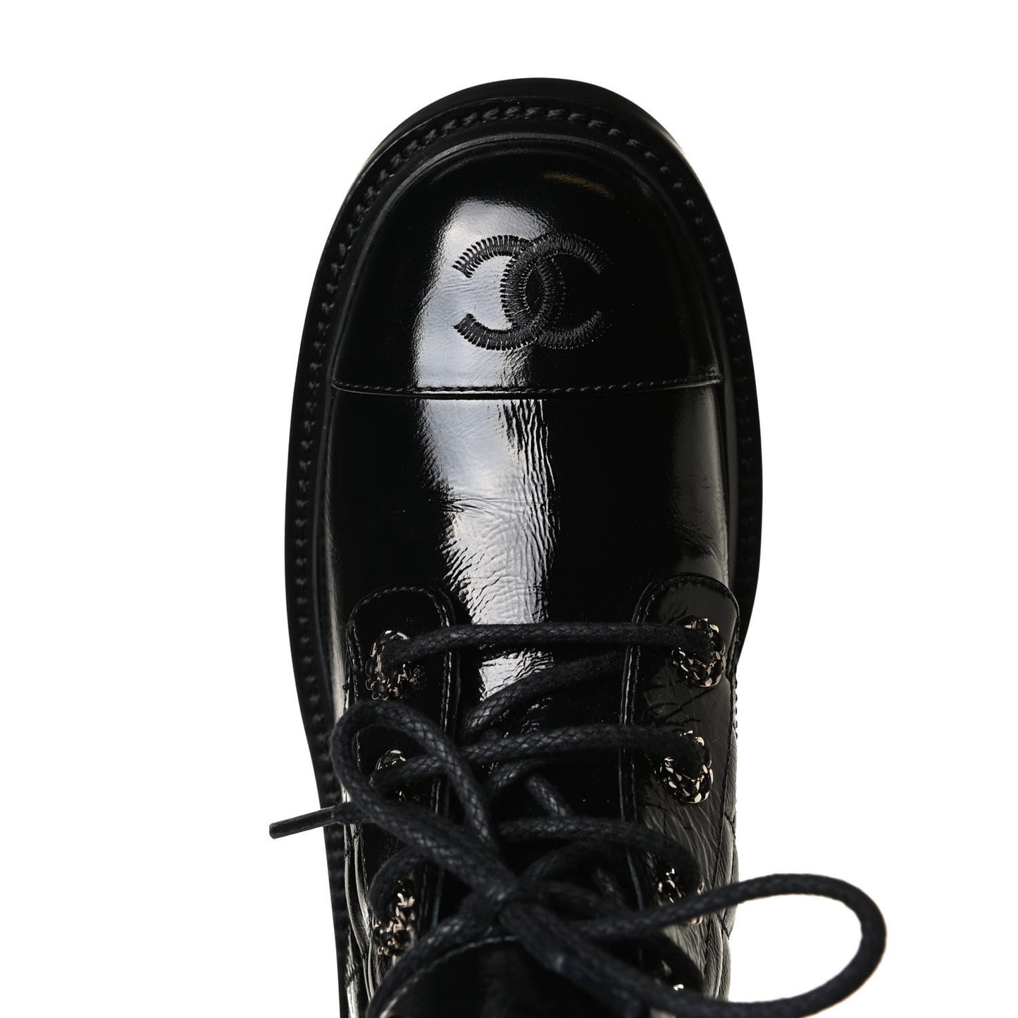Shiny Calfskin Quilted Lace Up Combat Boots 38.5 Black