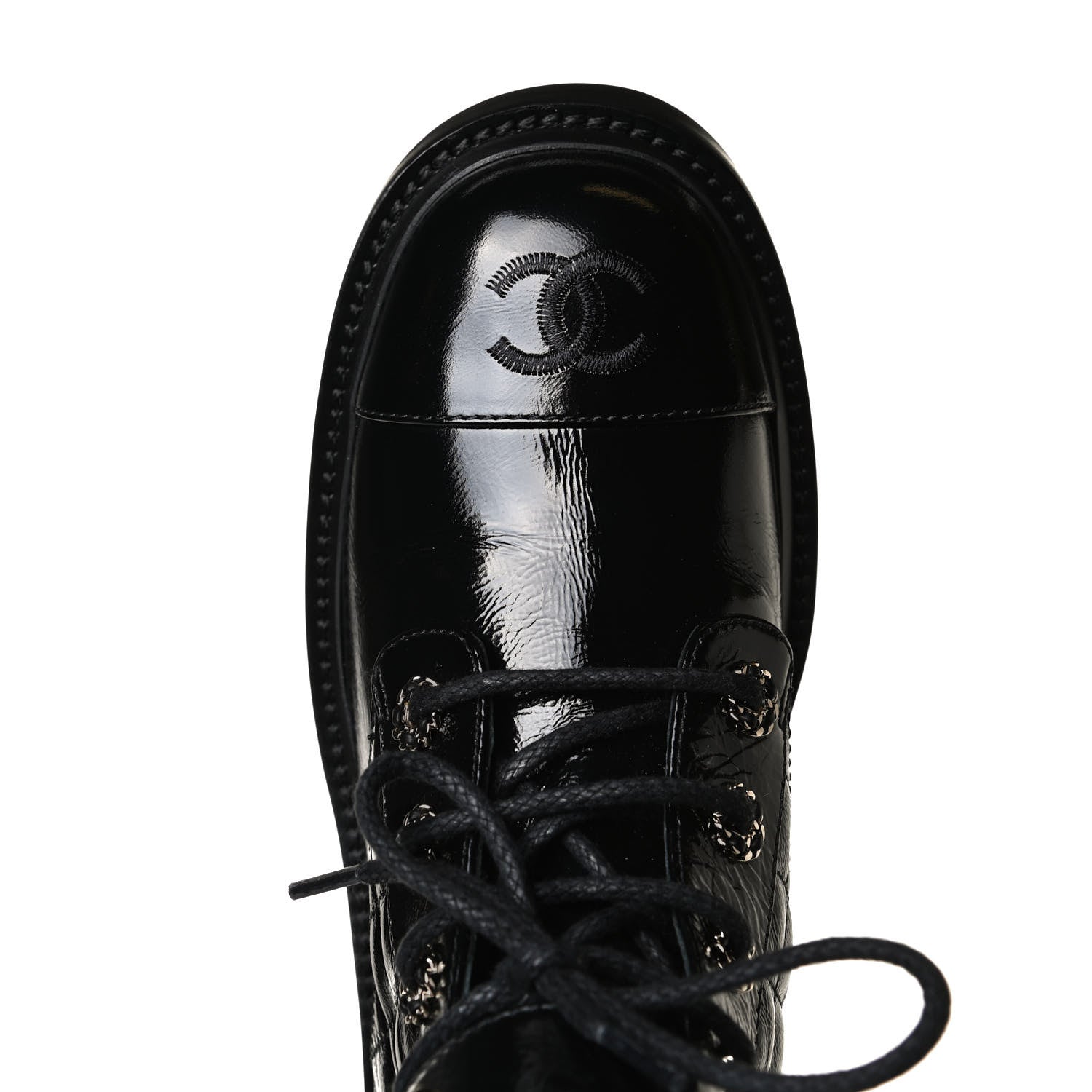 Chanel Shiny Calfskin Quilted Lace Up Combat Boots 38.5 Black 13 of 14