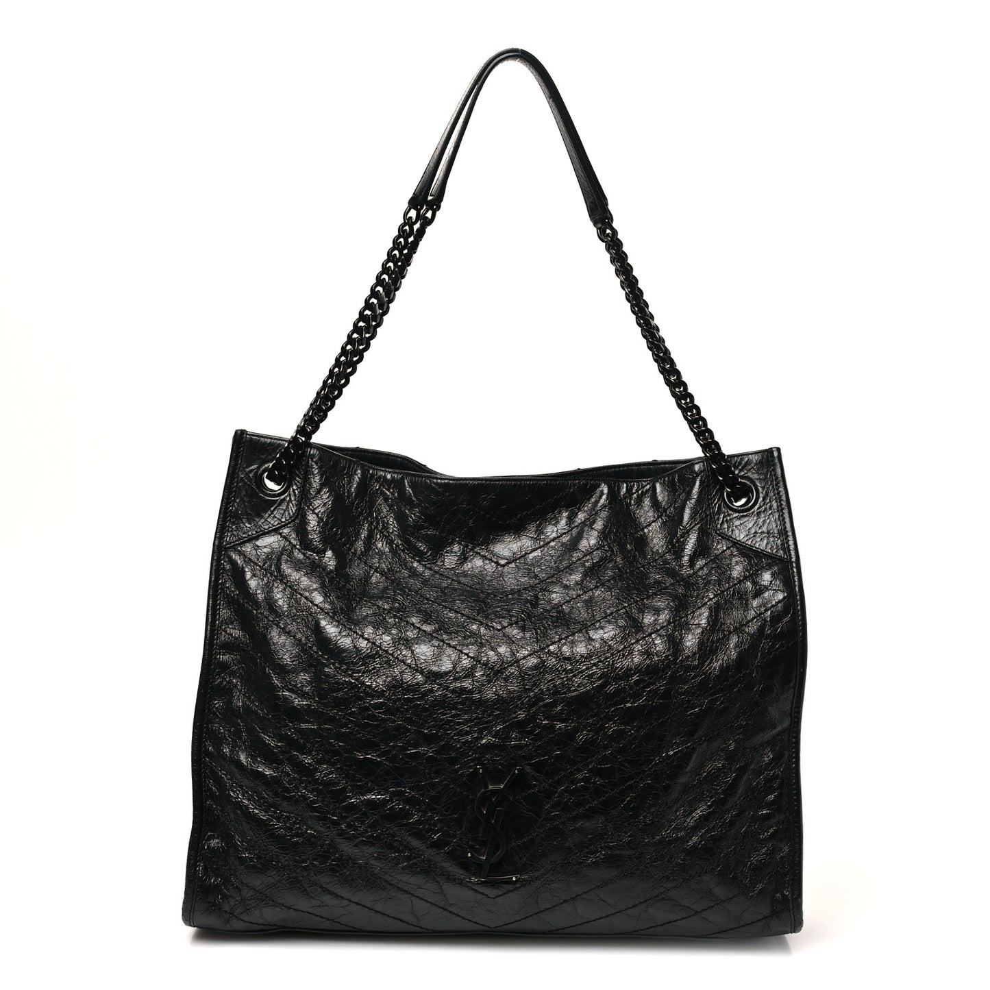 Crinkled Calfskin Matelasse Monogram Large Niki Shopper Tote Black
