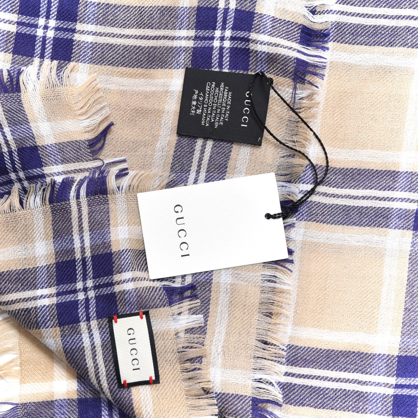 Wool Silk Check Scarf Beige Blue