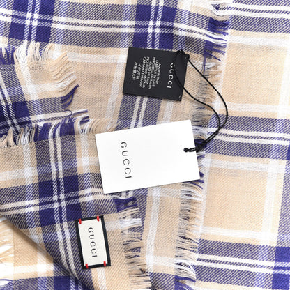 Gucci Wool Silk Check Scarf Beige Blue 3 of 3