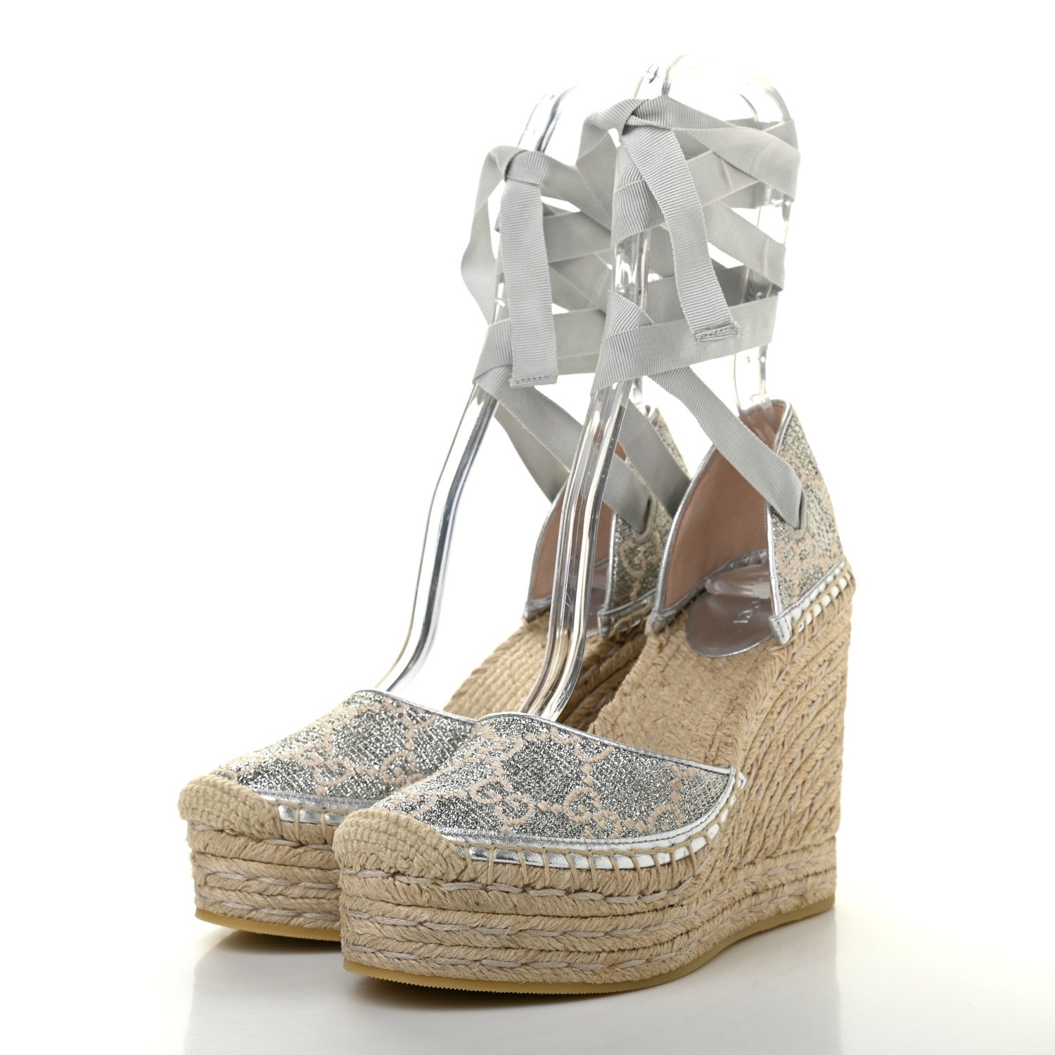 Gucci Lame GG Monogram Ankle Wrap Platform Espadrille Wedges 36.5 Silver Beige Light Grey 3 of 9