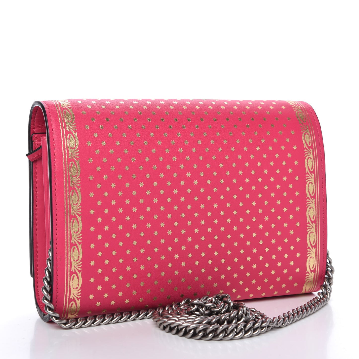 X SEGA Calfskin GUCCY Stars Chain Wallet Violet Fuxia Gold