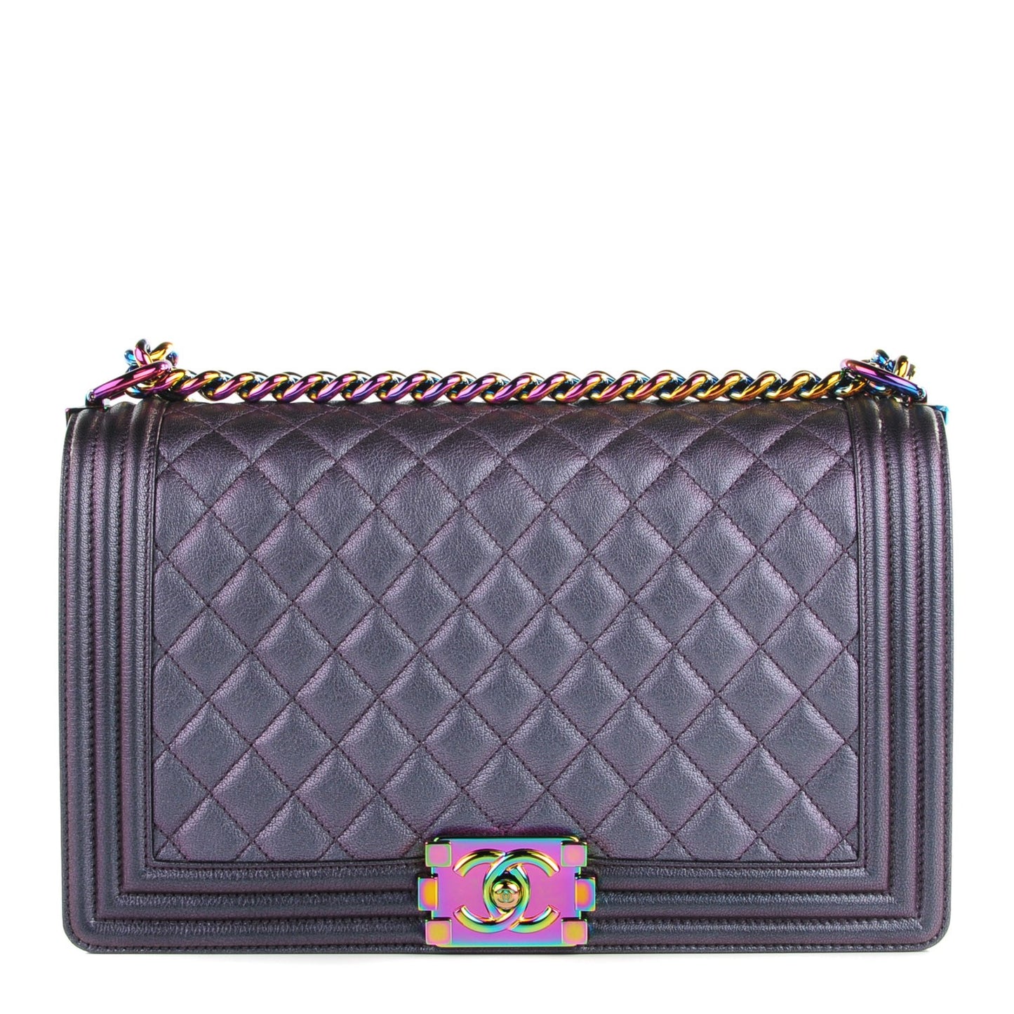 Iridescent Goatskin Quilted New Medium Boy Flap Purple
