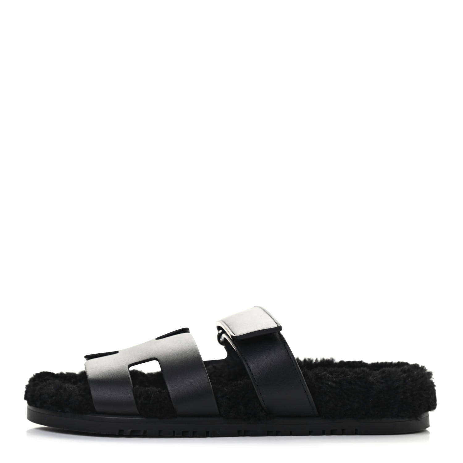 Hermes Calfskin Woolskin Womens Chypre Sandals 39 Black 1 of 8