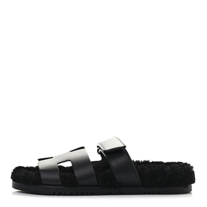 Hermes Calfskin Woolskin Womens Chypre Sandals 39 Black 1 of 8