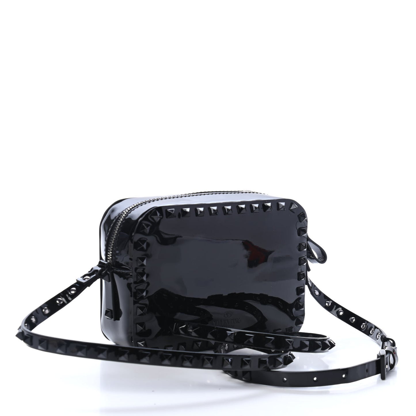 Patent Calfskin Rockstud Camera Crossbody Bag Black