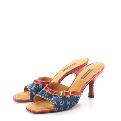 Louis Vuitton Denim Monogram Mules Peep Toe Heels 37 Blue Red 3 of 12