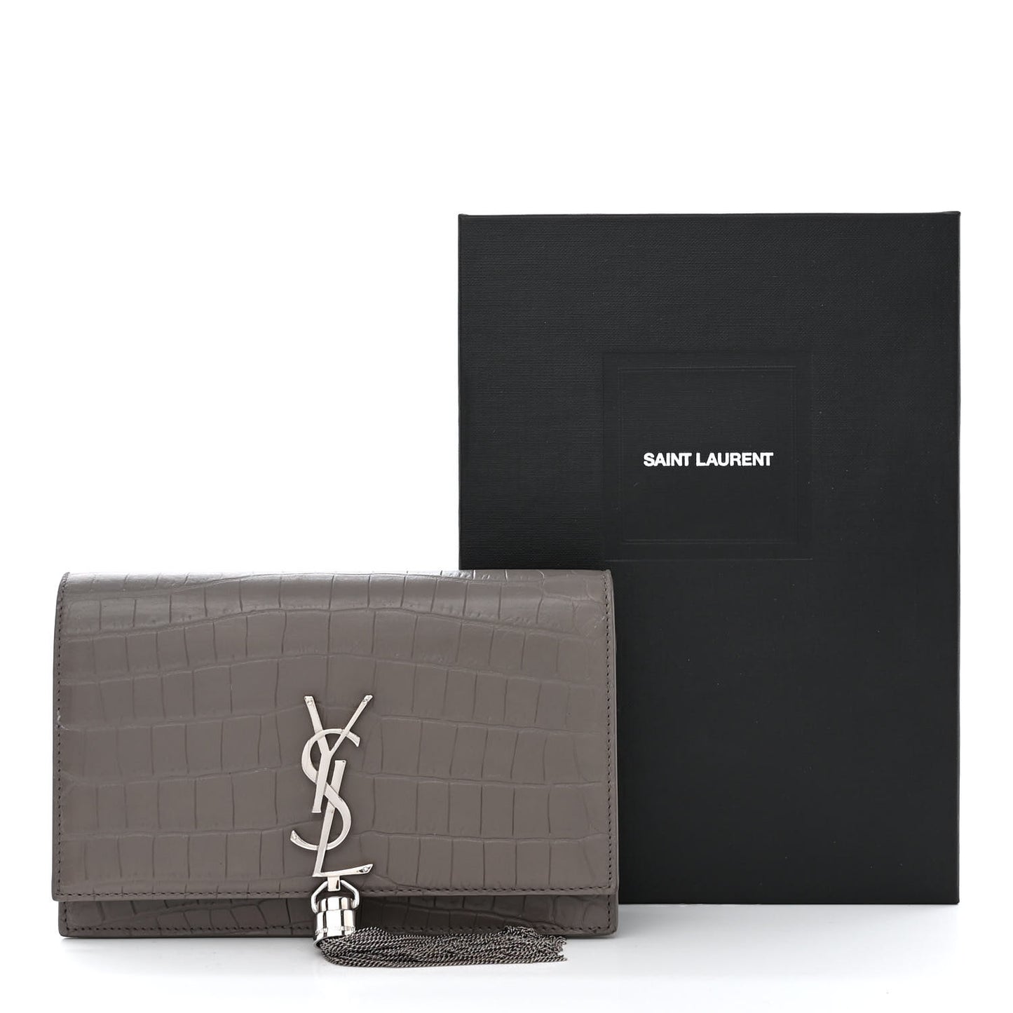 Calfskin Crocodile Embossed Kate Monogram Tassel Chain Wallet Fog