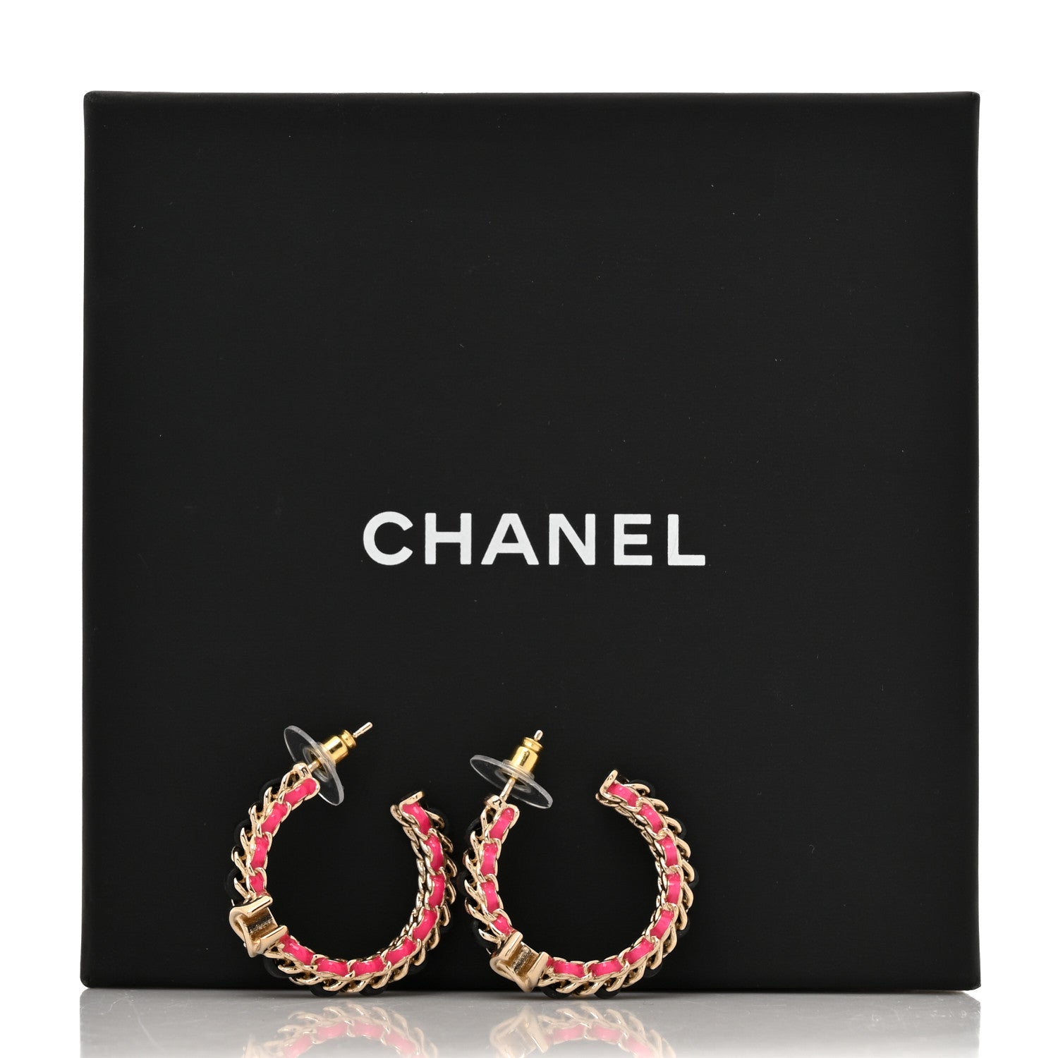 Chanel Lambskin Enamel CC Chain Hoop Earrings Gold Black Pink 5 of 5