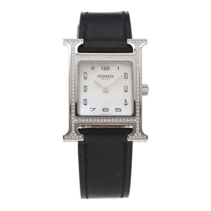 Hermes Stainless Steel Barenia Diamond Bezel Mother of Pearl 21mm Heure H Hour Quartz Watch Noir 1 of 6