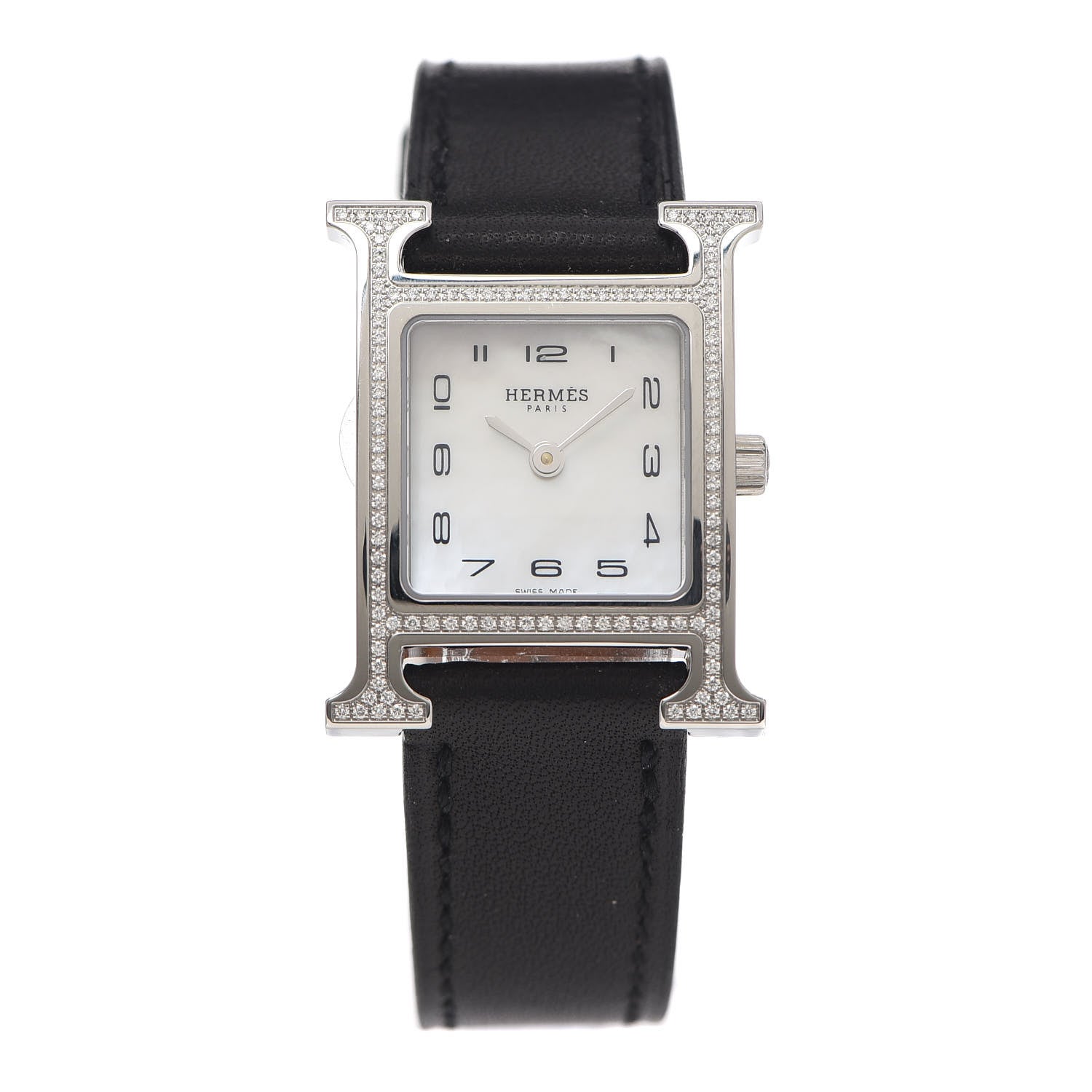 Hermes Stainless Steel Barenia Diamond Bezel Mother of Pearl 21mm Heure H Hour Quartz Watch Noir 1 of 6