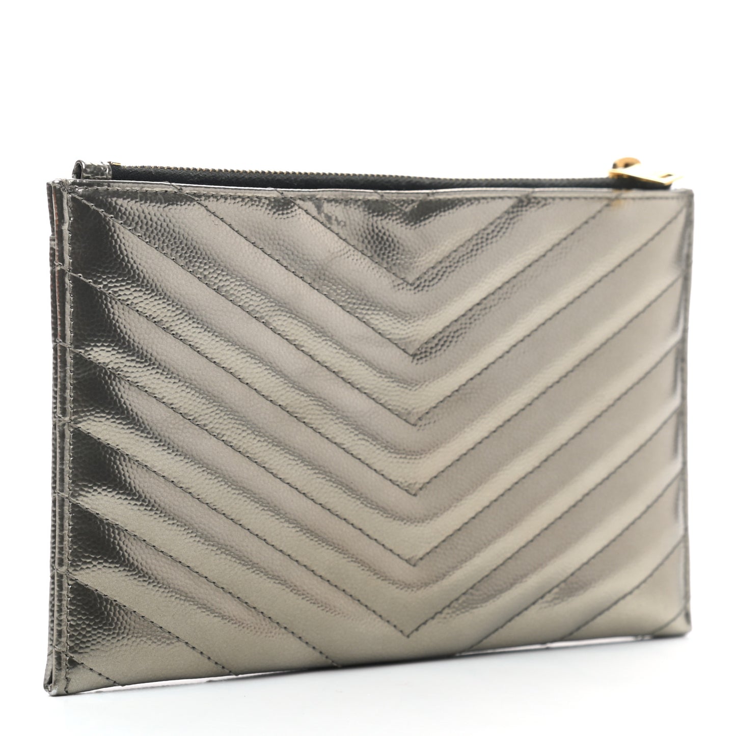 Metallic Grain De Poudre Matelasse Chevron Monogram Bill Pouch Piombo