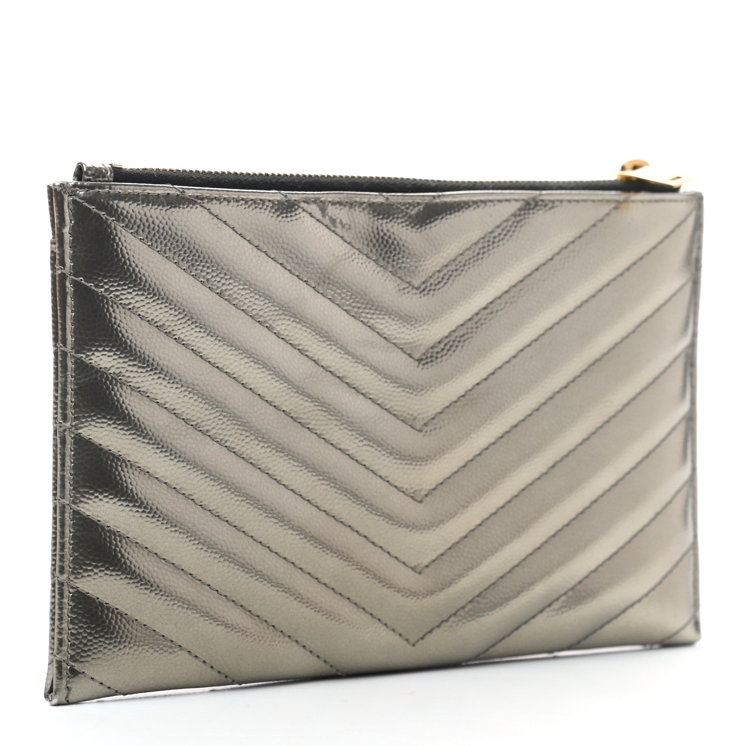 Saint Laurent Metallic Grain De Poudre Matelasse Chevron Monogram Bill Pouch Piombo 3 of 7