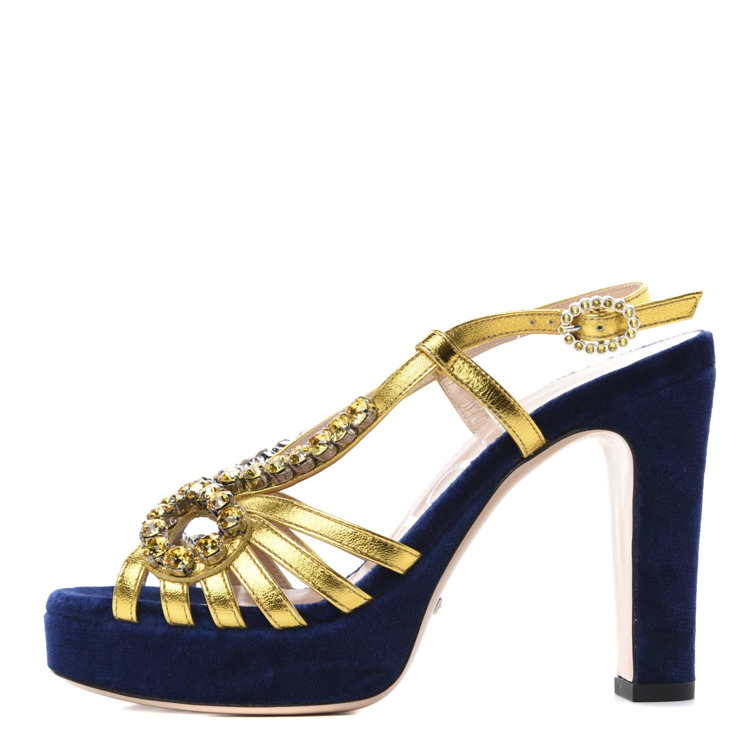 Gucci Velvet Nappa Crystal Zephyra Slingback Platform High Heel Sandals 35.5 Blue Gold 1 of 10