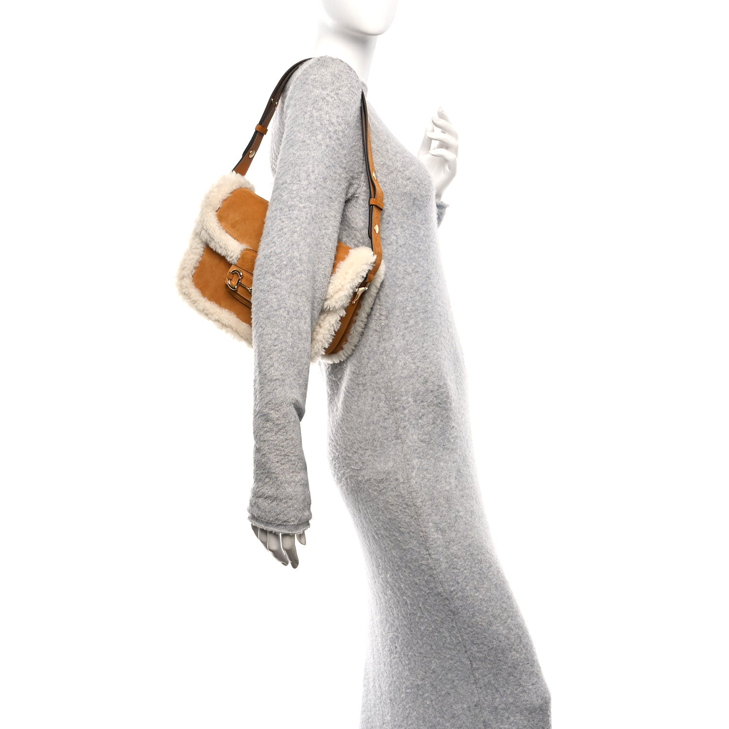 Gucci Suede Shearling Horsebit 1955 Shoulder Bag Honey Beige Milk 3 of 10