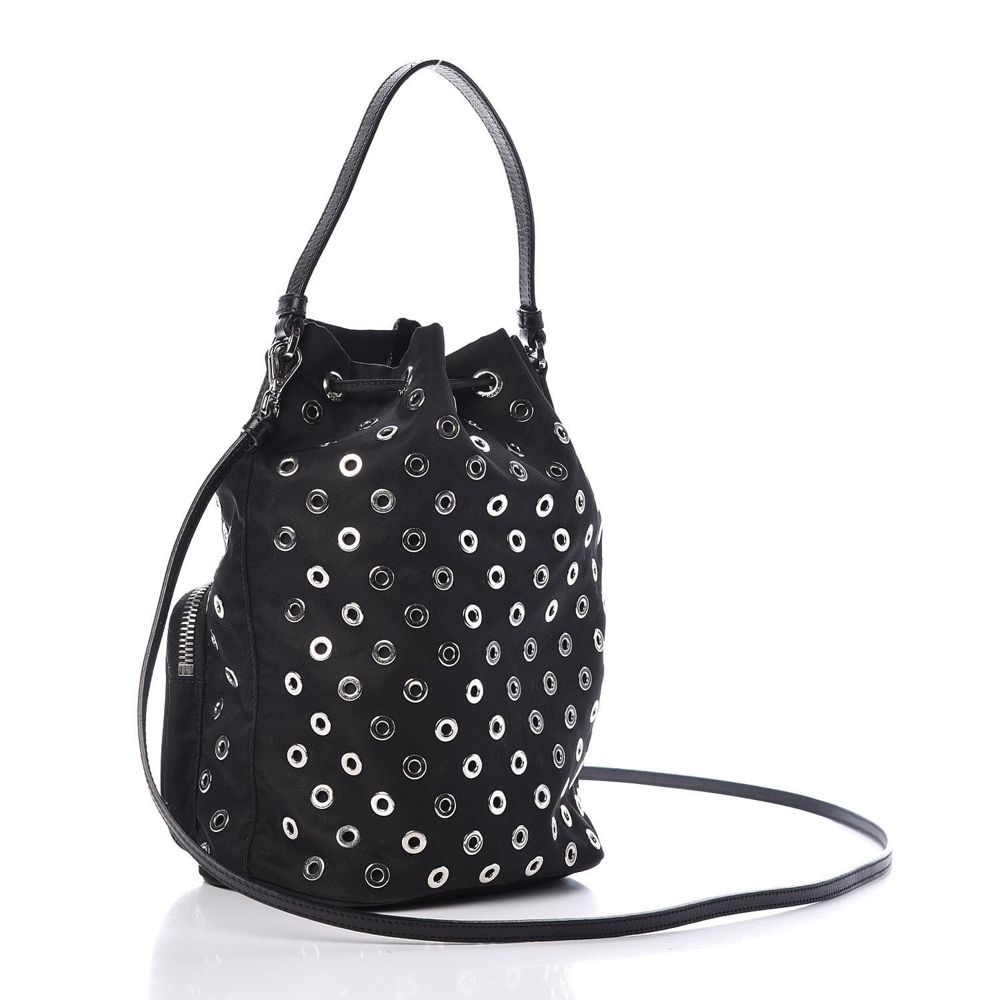 Tessuto Nylon Saffiano Grommets Mini Bucket Crossbody Bag Black