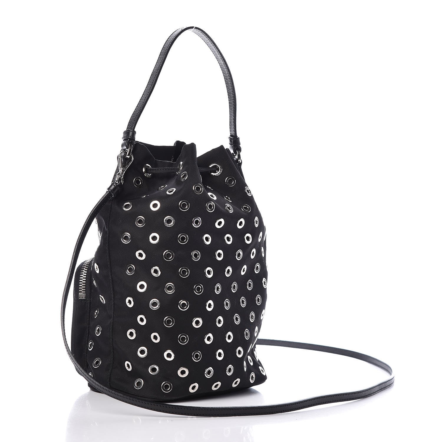 Prada Tessuto Nylon Saffiano Grommets Mini Bucket Crossbody Bag Black 3 of 8