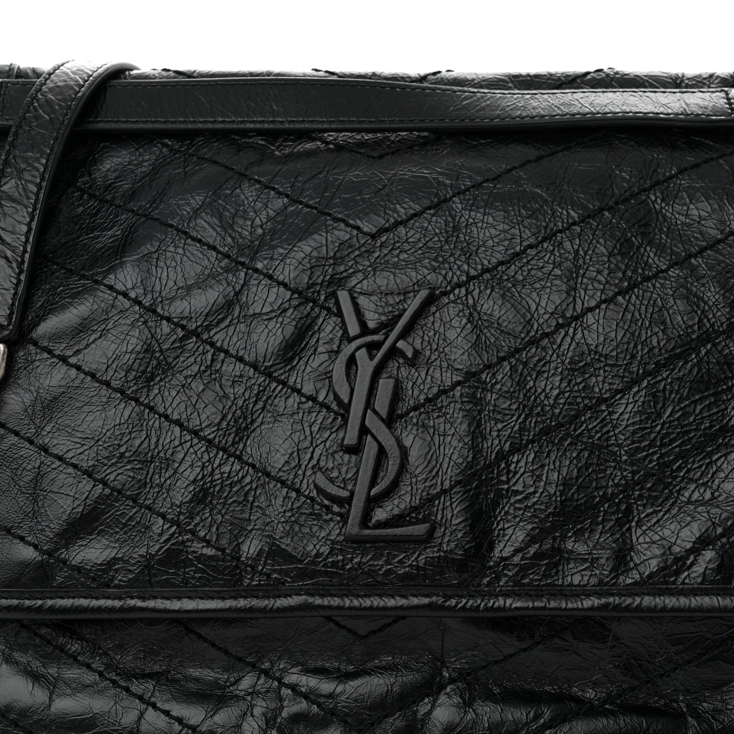Crinkled Calfskin Matelasse Monogram Large Niki Chain Satchel Black