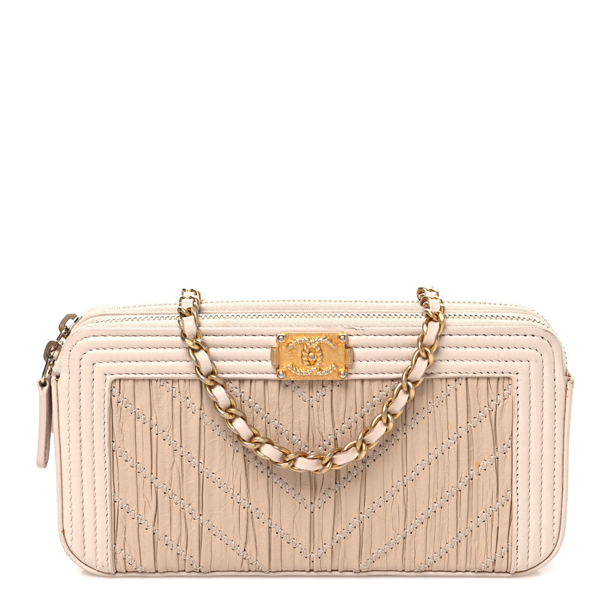 Chanel Crumpled Lambskin Chevron Quilted Pleated Small Boy Clutch With Chain Beige 1 of 11