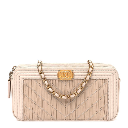 Chanel Crumpled Lambskin Chevron Quilted Pleated Small Boy Clutch With Chain Beige 1 of 11
