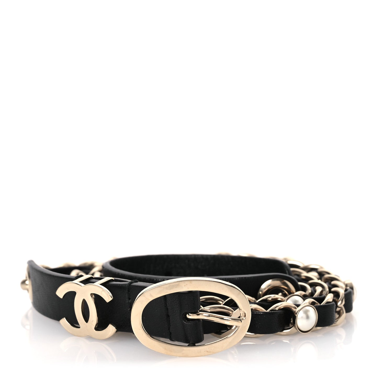 Lambskin CC Pearl Chain Belt 80 32 Black