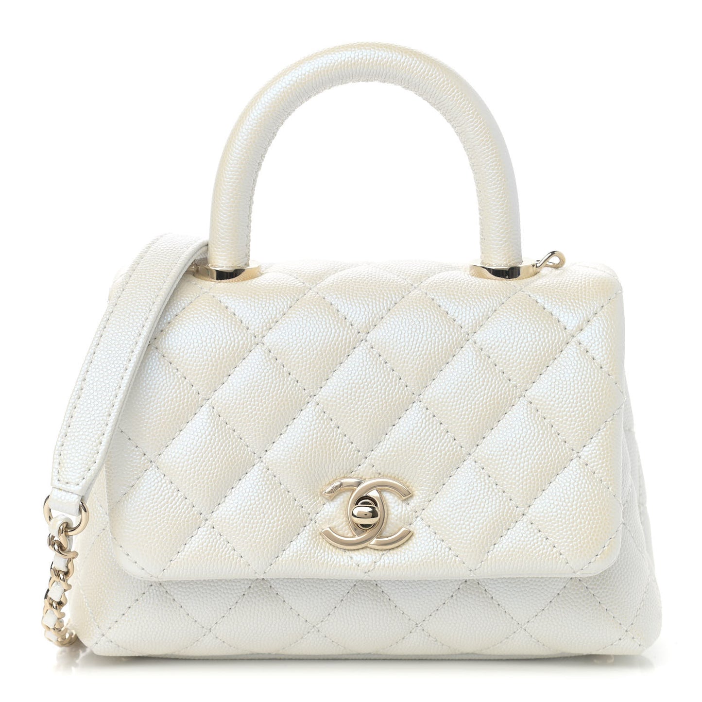Iridescent Caviar Quilted Extra Mini Coco Handle Flap White