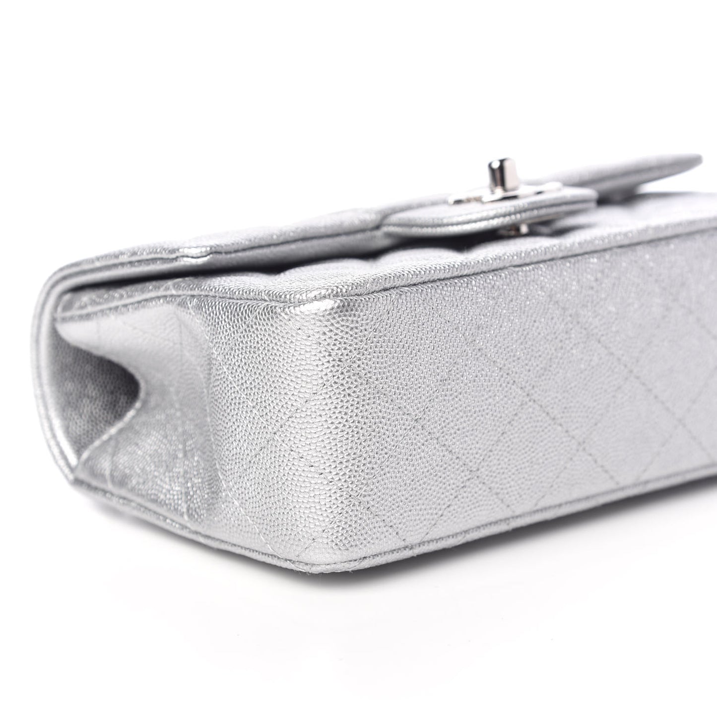 Metallic Caviar Quilted Mini Top Handle Rectangular Flap Silver
