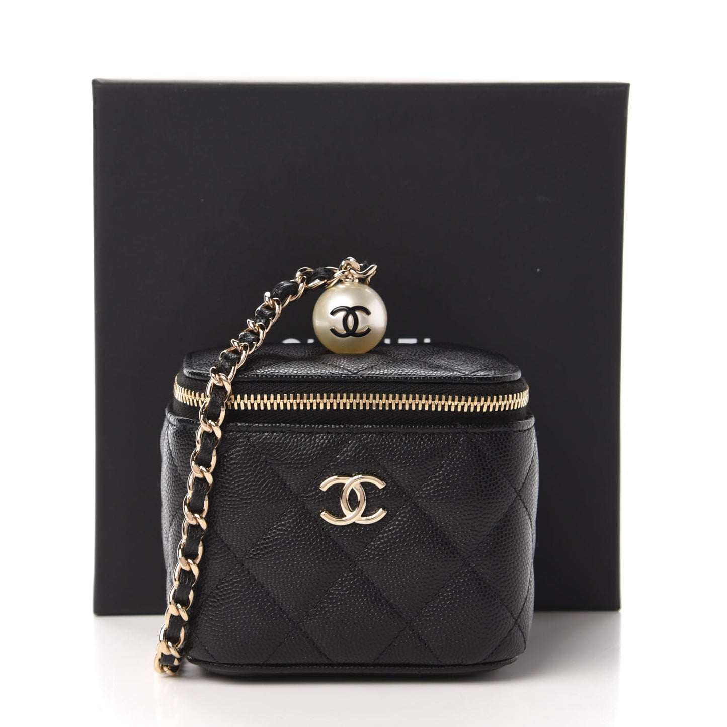Caviar Quilted Mini Pearl On Top Vanity Case With Chain Black