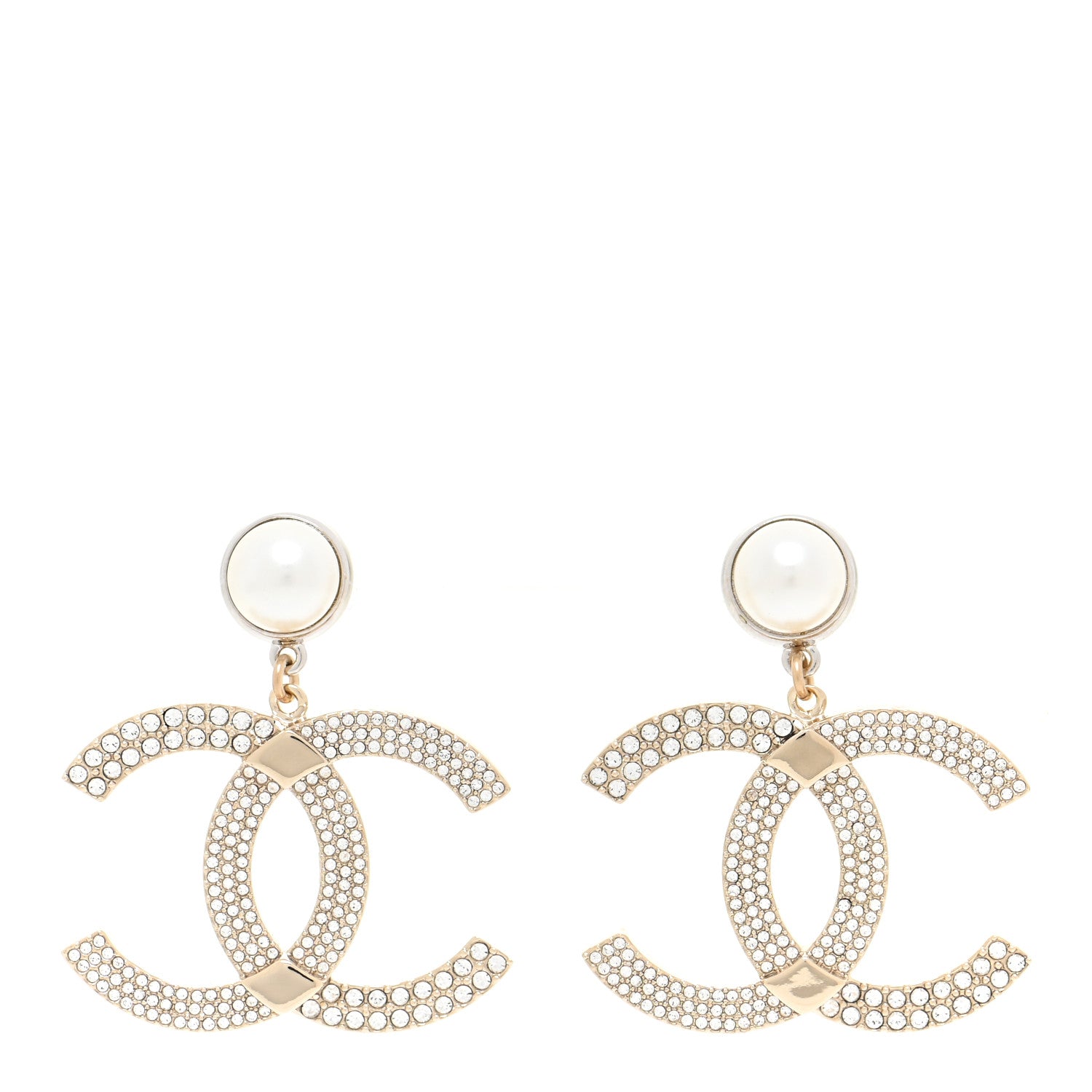 Chanel Crystal Pearl CC Drop Earrings Gold Silver 1 of 5