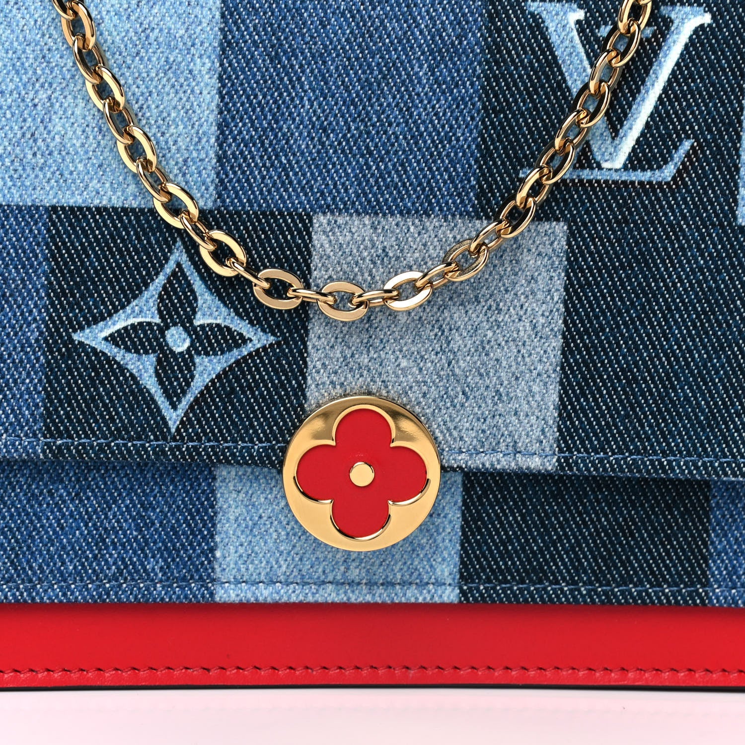 Louis Vuitton Denim Damier Monogram Patchwork Flore Chain Wallet Blue Rouge 7 of 9