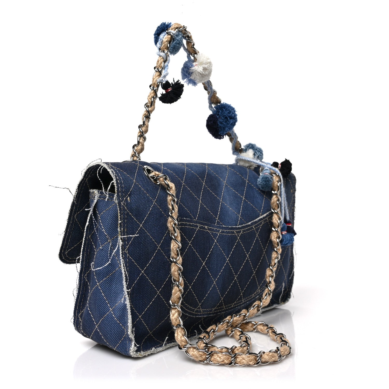 Chanel Denim Quilted Medium Pompom Flap Dark Blue 3 of 8