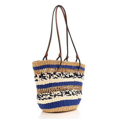 Loewe Elephant Grass Fabric Calfskin Woven Basket Tote Natural Blue 3 of 10