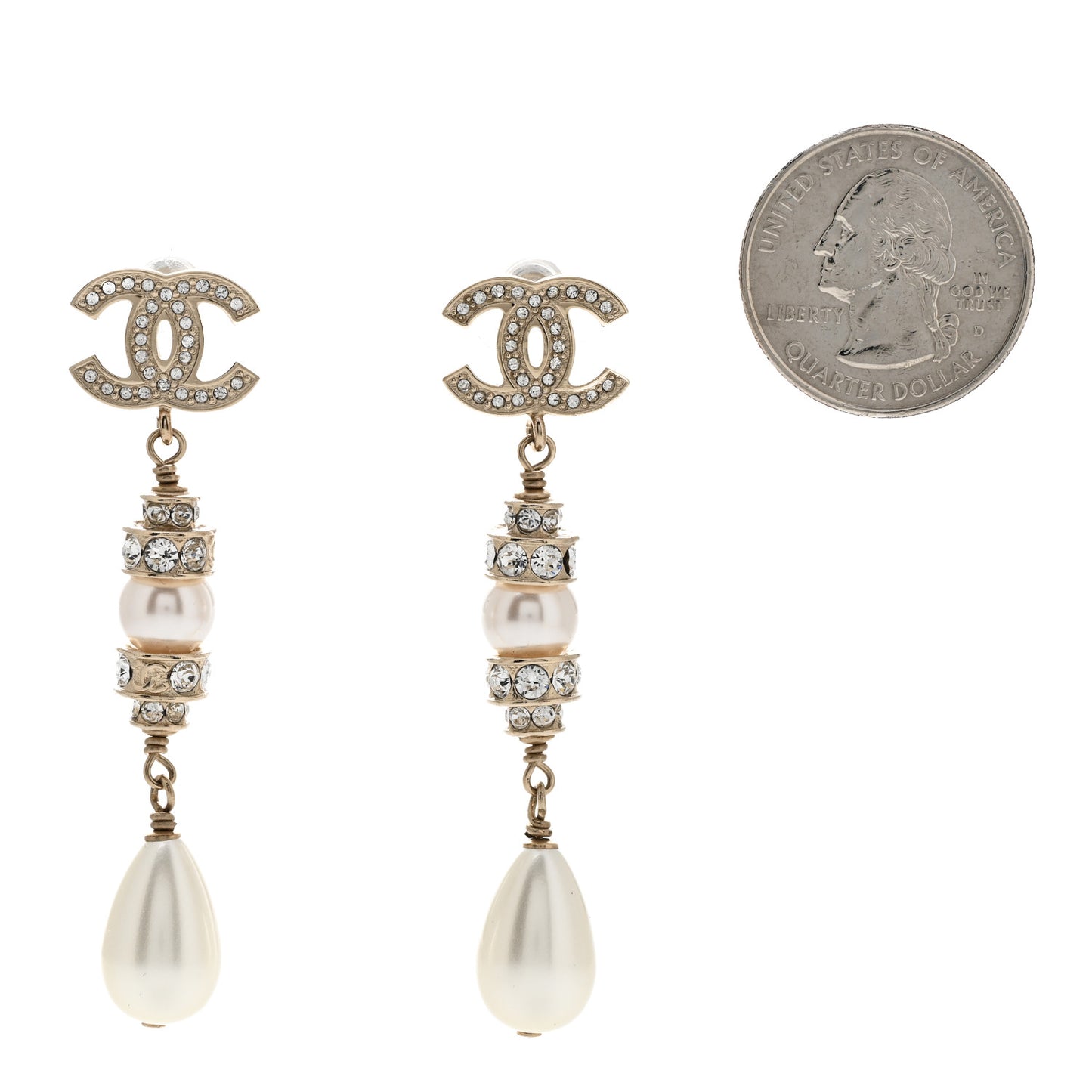 Pearl Crystal CC Drop Earrings Gold