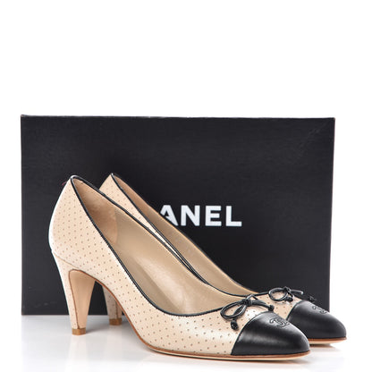 Chanel Lambskin Perforated CC Cap Toe Pump 38 Beige Black 9 of 9