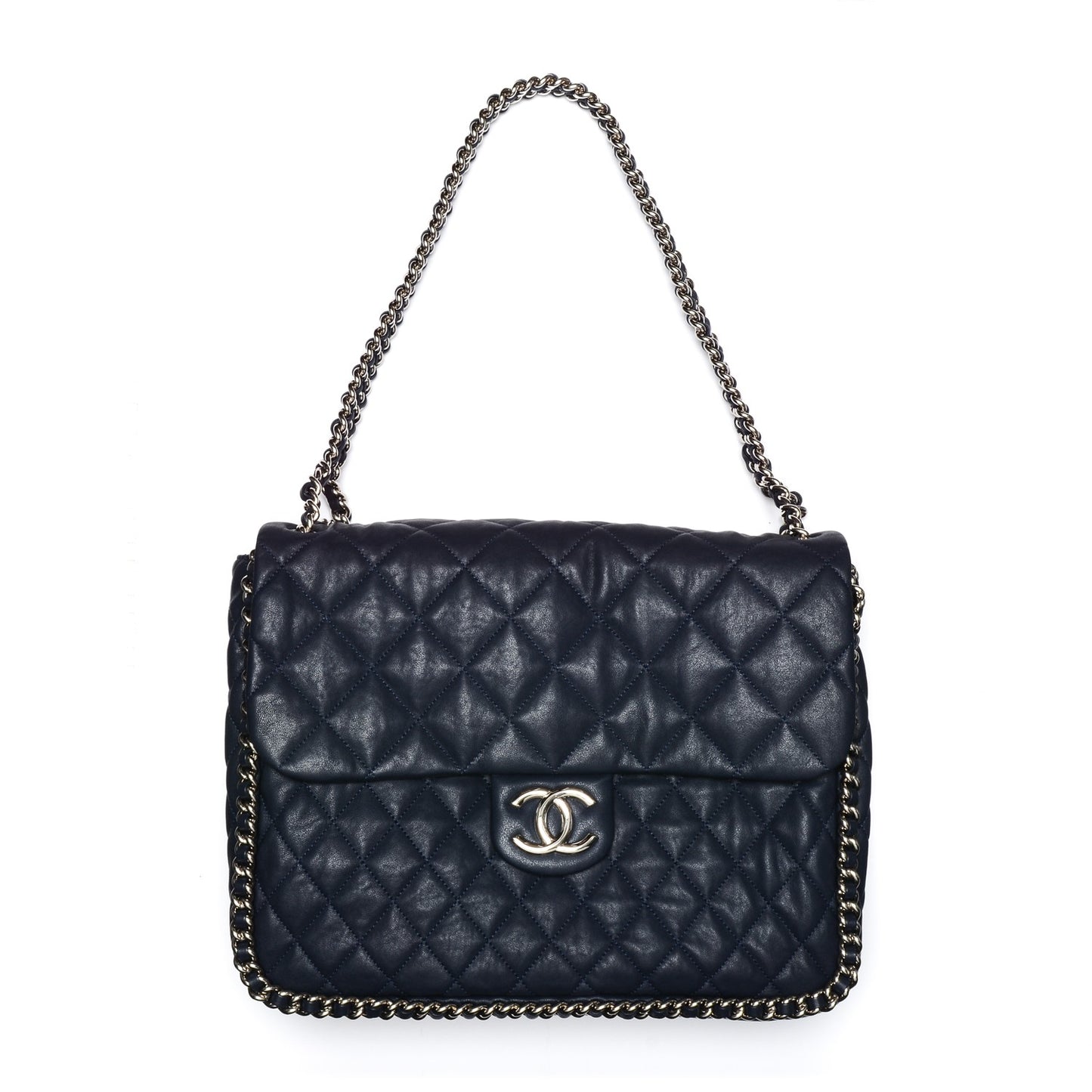 Washed Lambskin Quilted Maxi Chain Around Flap Dark Navy Blue