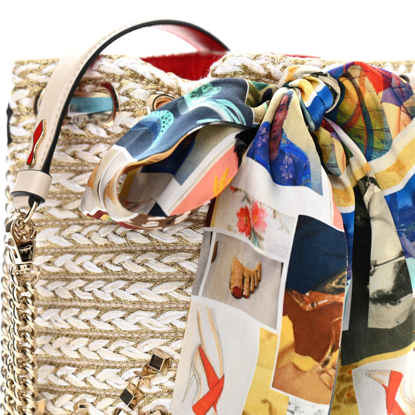 Woven Jute Crepe Satin Studded Marie Jane Bucket White Gold