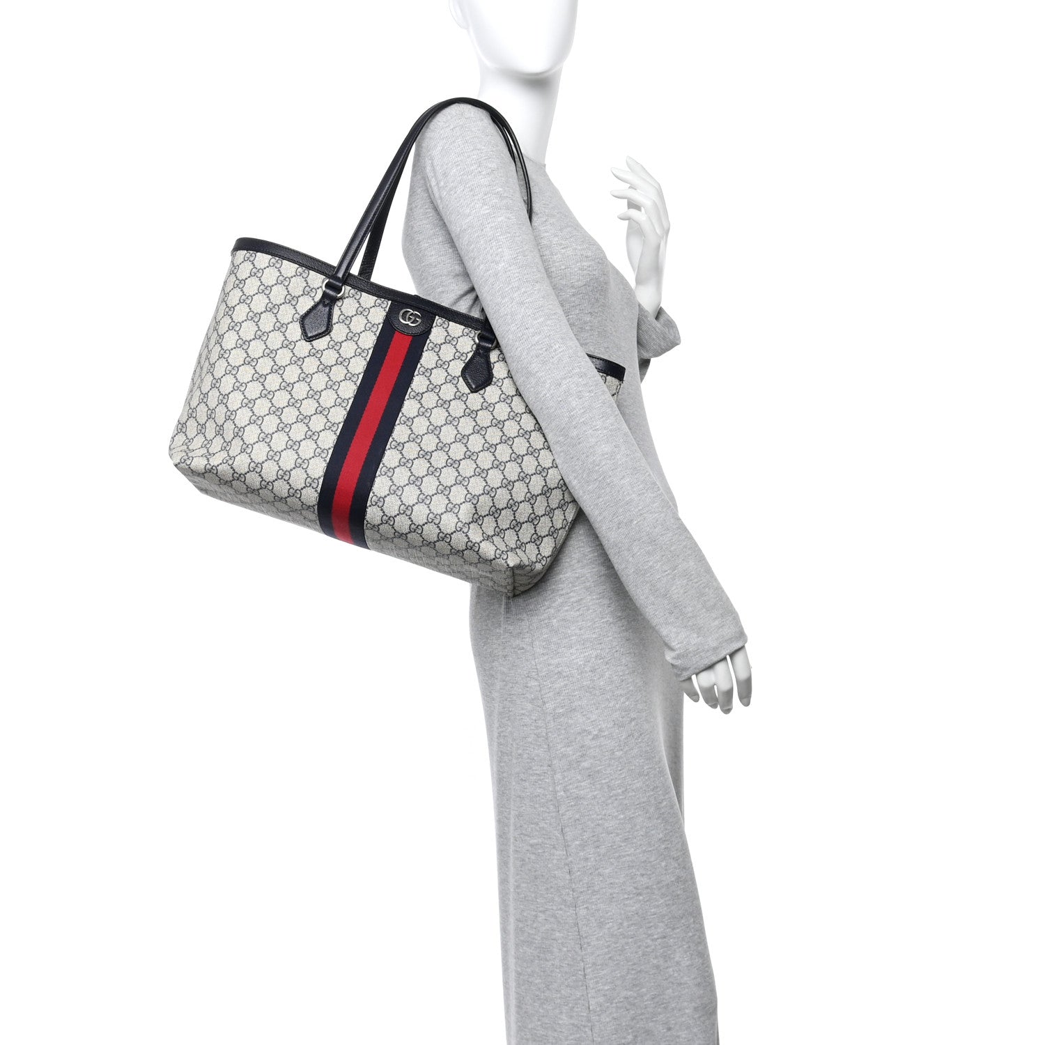 Gucci GG Supreme Monogram Textured Calfskin Web Medium Ophidia Shopping Tote Beige Blue 2 of 11
