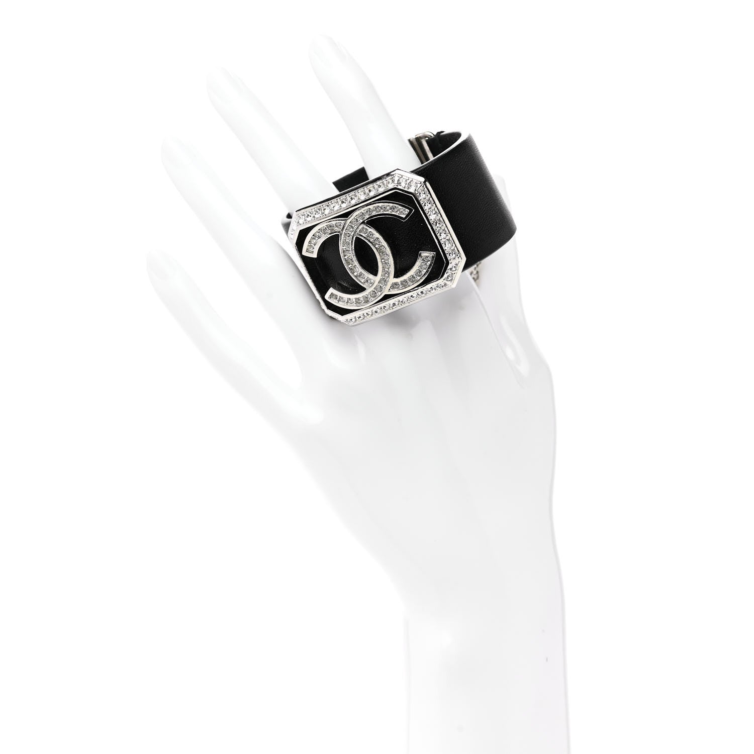 Chanel Calfskin Crystal CC Cuff Bracelet S Black 2 of 4