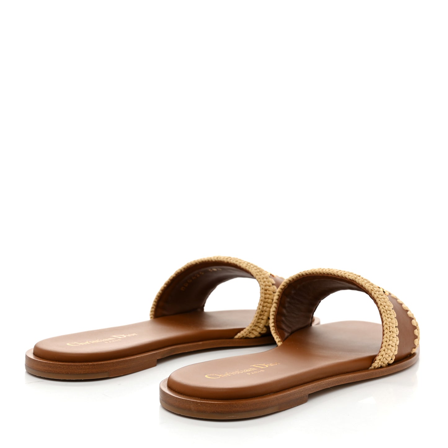 Calfskin Raffia Dioriviera D-Lane Flat Slide Sandals 38.5 Camel