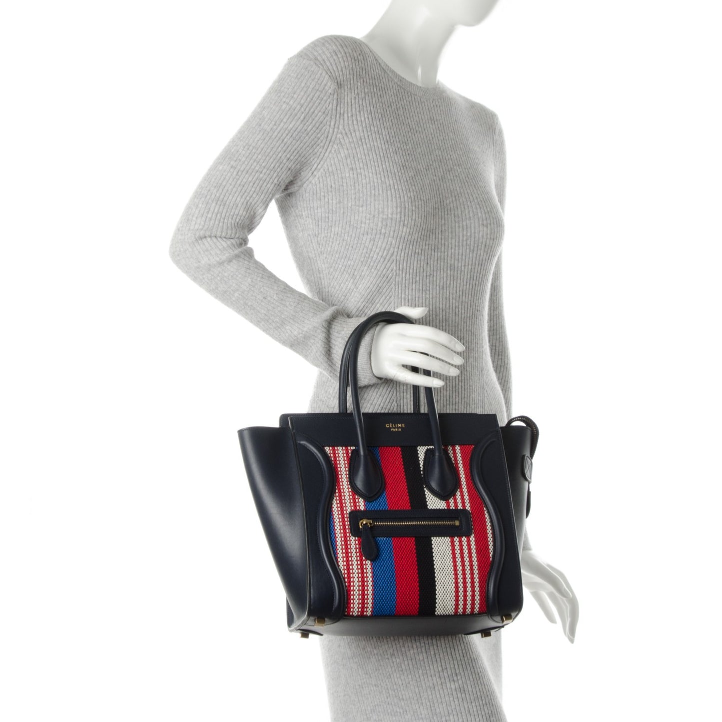 Smooth Calfskin Striped Canvas Micro Luggage Navy Blue