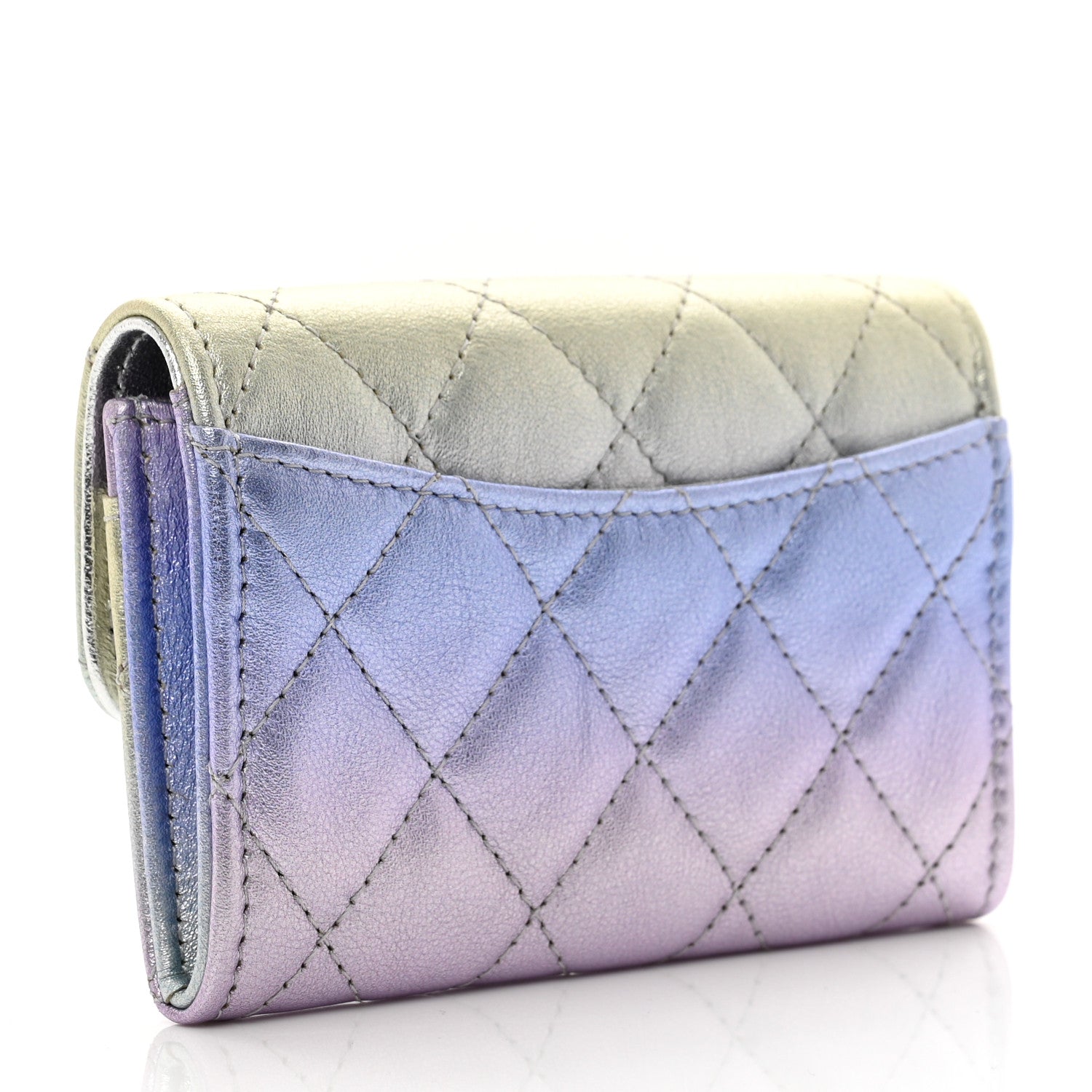 Chanel Gradient Metallic Calfskin Quilted Flap Card Holder Wallet Silver Blue Yellow Purple 3 of 9