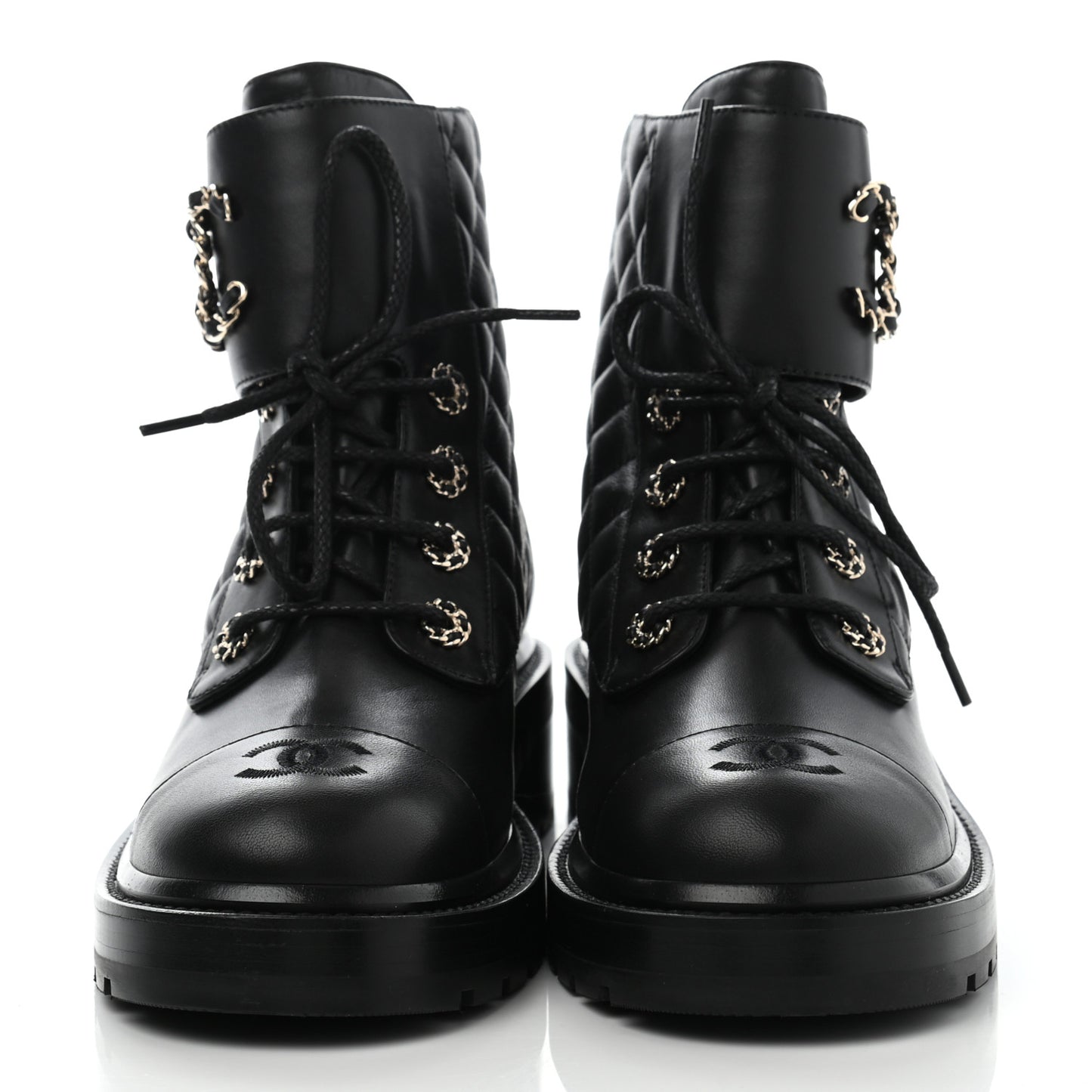 Shiny Lambskin Quilted Lace Up Combat Boots 40.5 Black