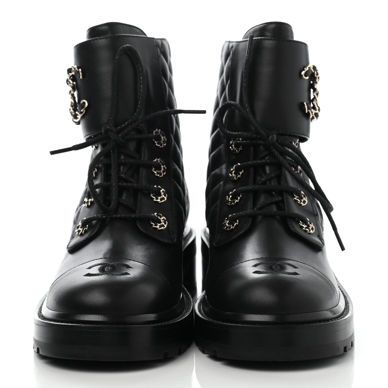 Chanel Shiny Lambskin Quilted Lace Up Combat Boots 40.5 Black 2 of 14