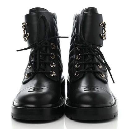 Chanel Shiny Lambskin Quilted Lace Up Combat Boots 40.5 Black 2 of 14