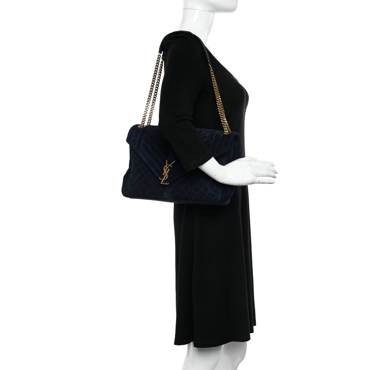 Suede Mixed Matelasse Triquilt Large Monogram Envelope Satchel Navy Blue