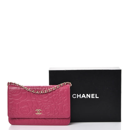 Chanel Lambskin Camellia Embossed Wallet on Chain WOC Fuchsia 9 of 9