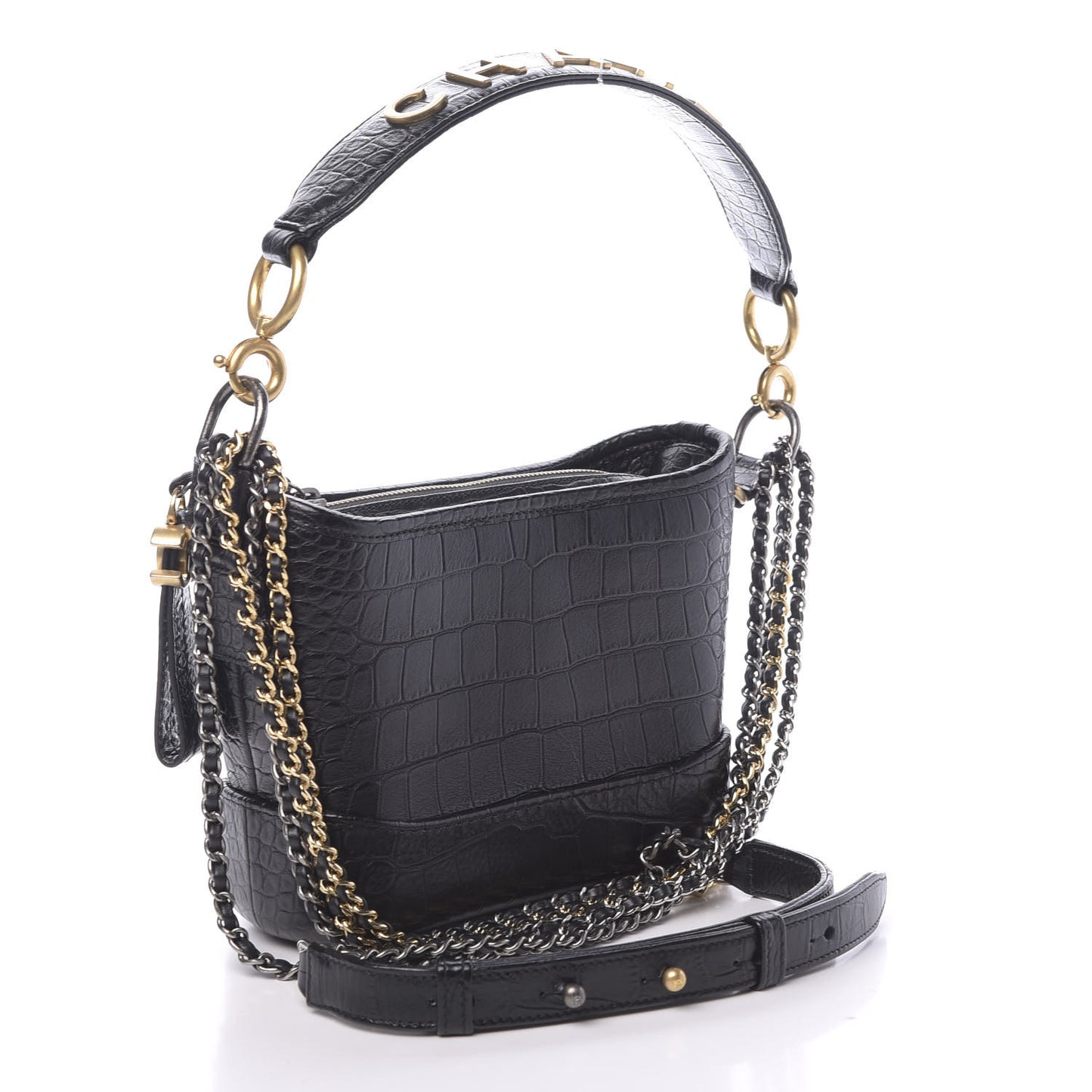 Calfskin Crocodile Embossed Small Gabrielle Cocodile Hobo Black